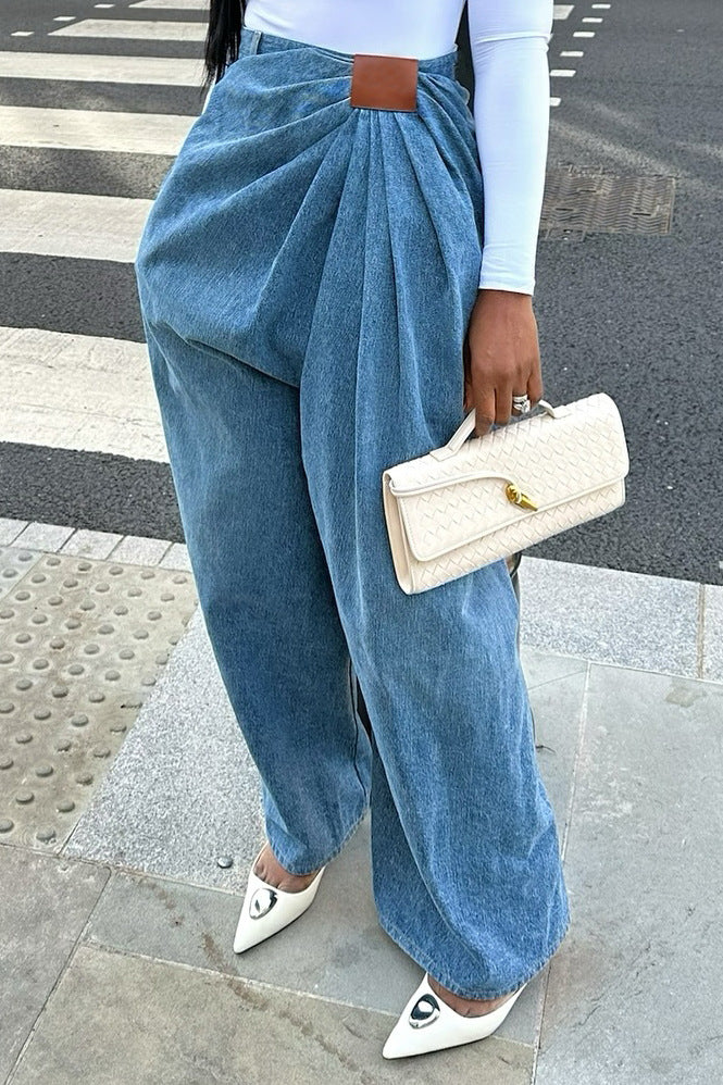 Pleat-Front Wide-Leg Jeans