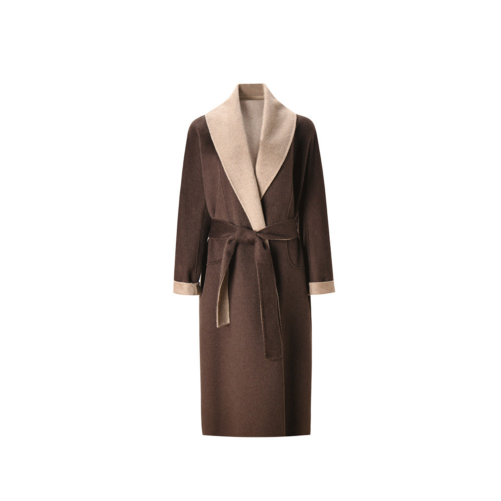 Contrast-Lapel Belted Coat
