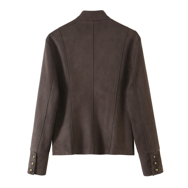 Button-Detail Faux Suede Jacket