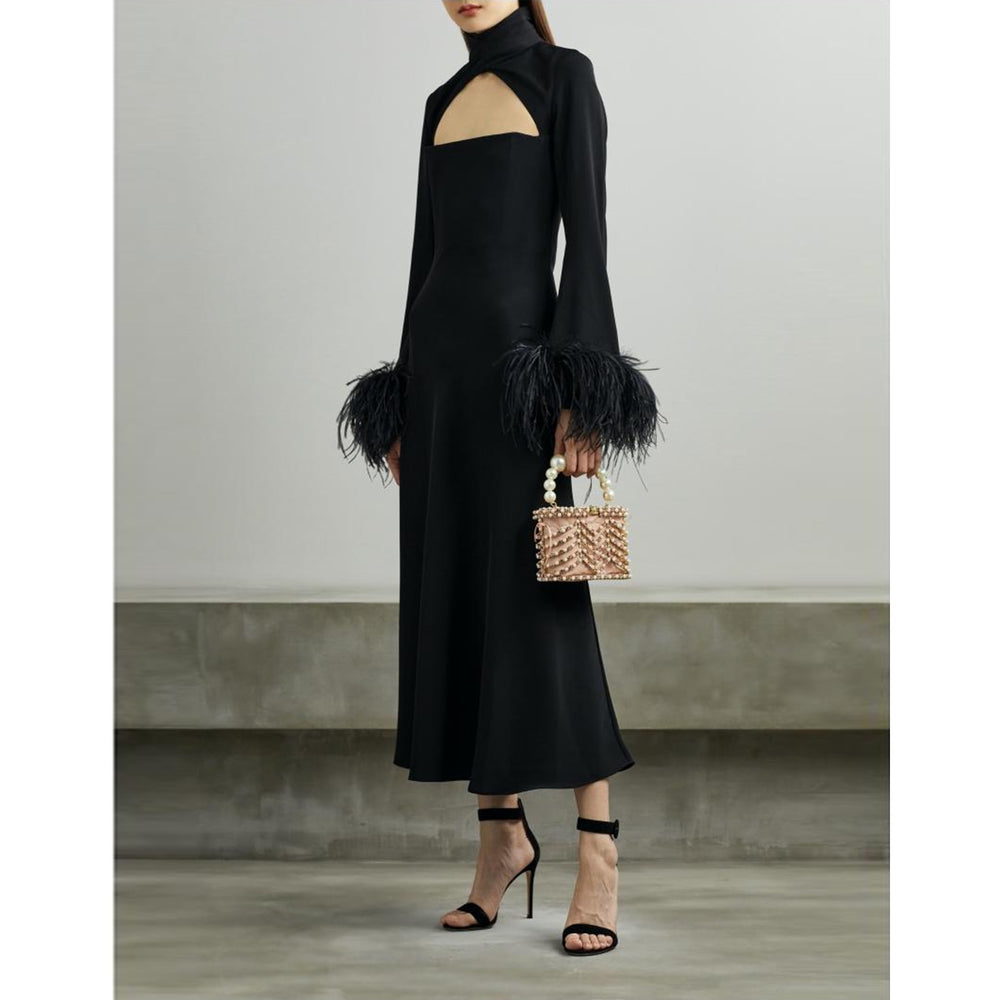 Feather-Cuff Cutout Midi Dress