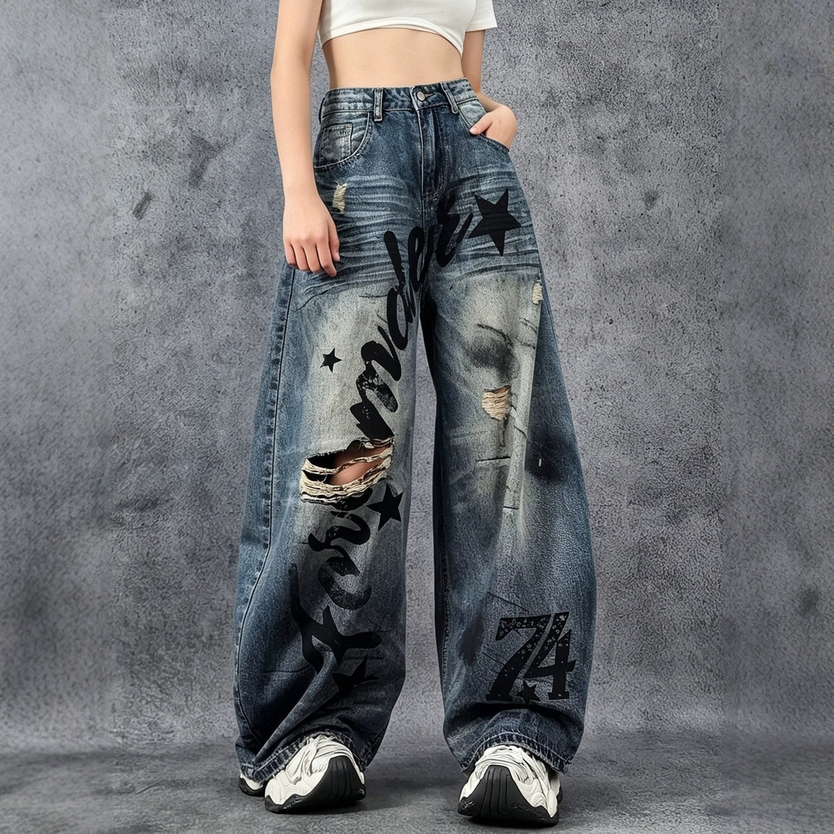 Distressed Graphic Wide-Leg Jeans