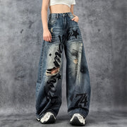 Distressed Graphic Wide-Leg Jeans