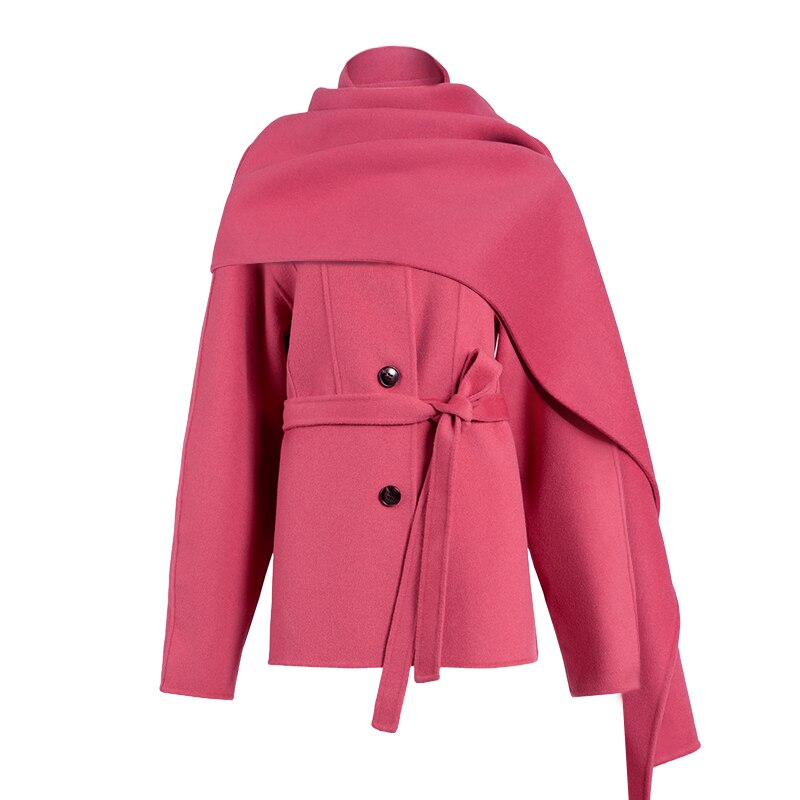 Scarf-Detail Belted Coat