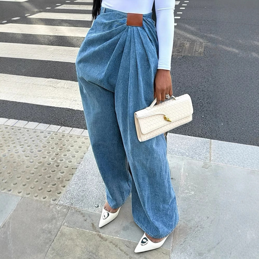 Pleat-Front Wide-Leg Jeans