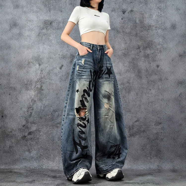 Distressed Graphic Wide-Leg Jeans